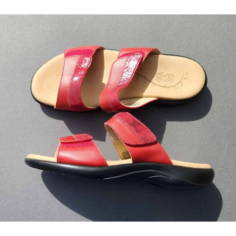 SAS Ruby / Cabernet Red Nudu Leather Sandals Slip On Slides Size 9.5W Adjustable - Picture 10 of 11
